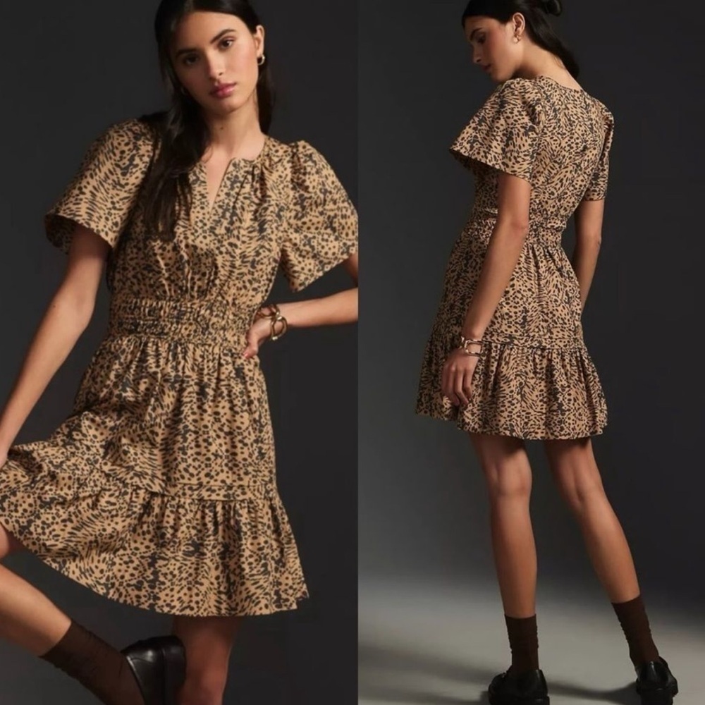 Anthropologie Somerset Mini Dress in Beige Animal Print